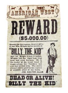   WILD OLD WEST CIVIL WAR BILLY THE KID OUTLAW REPLICA WANTED POSTER