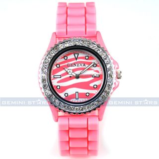   Lovely Pink Zebra Print Crystal Bezel Silicone Lady Girl Dress Watch