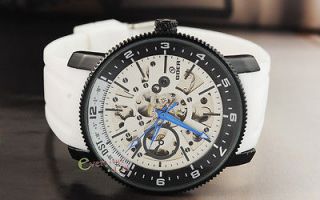 Newest Pure White Sports Automatic Watch Mens Skeleton Blue Hands 