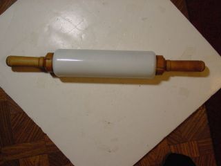   18 inch Rolling Pin with wood handles ceramic milk white circa 1921