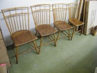   RARE Set of 4 Circa 1820s Primitive Pine Plank Seat Windsor Chairs