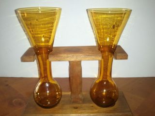 VINTAGE AMBER GLASS~ALE BEER HOLDER WITH WOOD STAND~DOUBLE HALF GLASS~