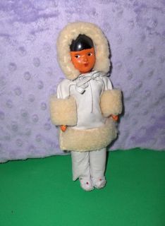 Vintage 7.50 Eskimo Girl Doll Alaska Fleece Trim Leather Parka Hat