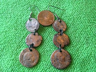 ANCIENT ROMAN 3 COIN EARRINGS  THE REAL THING  + 6 COIN DANGLING 