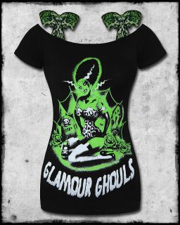 TOO FAST GLAMOUR GHOUL ZOMBIE GIRL BLACK GREEN LEOPARD BOW SHOULDER T 