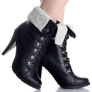 Black Lace Up Ankle Boots Work Winter Fold Over Fur Womens High Heels 
