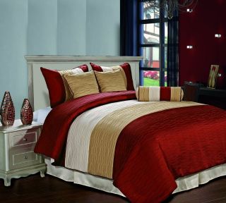 Amber 7pc Jacquard Stripes Comforter Set Burgundy,Gold, Tan Metallic 