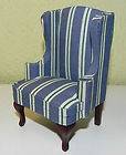 Dollhouse Miniature Queen Anne Blue Stripe Wing Chair Living Room 