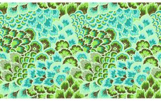   Packed Leaves Feathers Turquoise Laminated Cotton Fabric Amy Butler