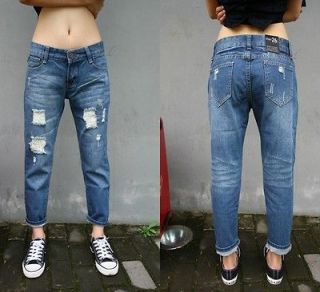 Women Low Rise Boyfriend Style Denim Ripped Frayed Jean Jeans Pants 