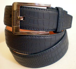 Mens Navy Blue Crocodile Alligator Skin Pattern Leather Belt Metal 