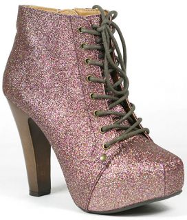 Fuchsia Gold Glitter Platform Lace Up Ankle Bootie Qupid Puffin 06