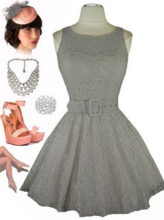 50s Style GREY LACE Belted PINUP Ballerina Party Dress