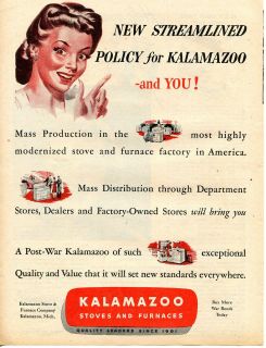 1944 Post War Kalamazoo Stoves & Furnaces New Standards Ad