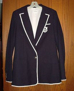 Club Monaco Navy & White Cotton Wool Logo Crest Pewter Buttons Blazer 
