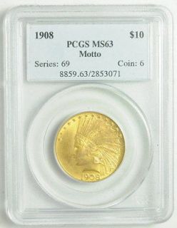1908 US MINT INDIAN HEAD MOTTO GOLD TEN DOLLAR $10 COIN PCGS MS63