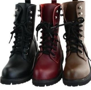 New Womens Lace Up Punk Rock Motorcycle Low Heel Military Combat Boots