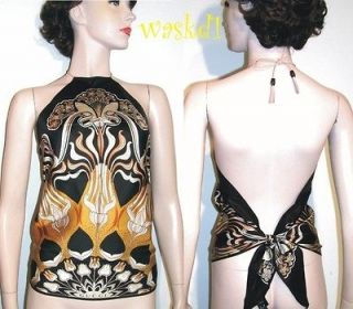   with Gold FLORAL print Silk scarf Logo HALTER top NWT Authentic
