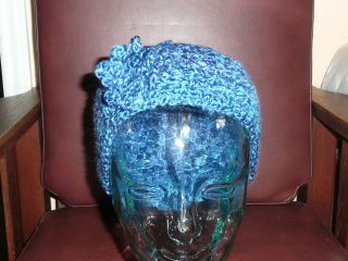 Soft Blue Boucle Flower Crocheted Skull Cap Medium  34