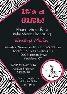 Personalized Baby Girl Shower Invitation ~ Cute Zebra ~ Pink, Black 