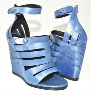 Balenciaga Blue Leather Gladiator Wedge Heels Shoes 38