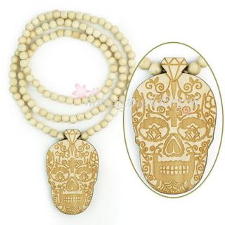   Fashion Good Grass Wood beads Skull Pendant Long Ball Chain Necklace