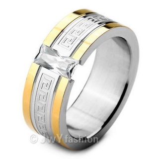 Stainless Steel Ring Band Men Silver Gold Greek White Cubic Zirconia 