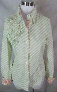 Tucker by Gaby Basora Shirt Top M Green Diagonal Stripe Floral 