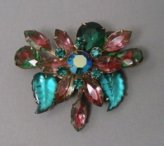 Vintage Red Green Givre & AB Rhinestones Glass Leaves Brooch