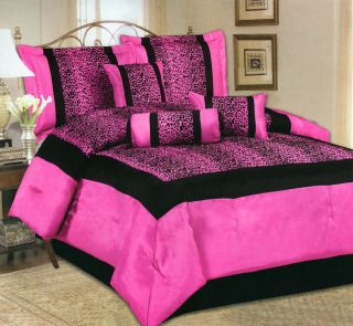   Flocking Leopard Satin Comforter Set Bed In A Bag King Size Pink/Black