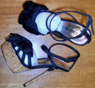 Womens Bebe Kali Crisscross Bow Black Cork Platform Heel Sandals, sz 