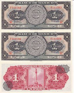 Mexico $ 1 Peso Stone Azteca Consecutive Serie 22 VII, 1970 UNC 
