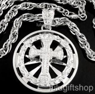 ICED OUT SILVER PLATED HEAVY BIG CROSS SPINNER BLING MENS HIPHOP CHAIN 
