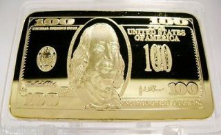 10 x 24K GOLD Layered 1oz Troy ounce $100 Hundred Dollar Bill Bar 