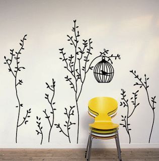 Bird&Bird Cage&Trees Removable Wall Decals Vinyl Black Gray Home Decor 