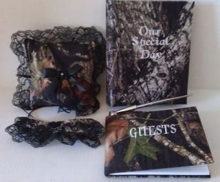   Oak camo wedding set w/guestbook, photo album, garter, pillow w/black