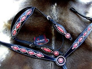 HORSE BRIDLE BREAST COLLAR WESTERN LEATHER HEADSTALL PINK BLACK TACK 