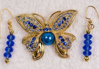   jewelry set BUTTERFLY pin brooch earrings Blue glass pearl gold tone
