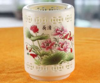   Gift Chinese Ivory white Porcelain Lotus Painting Pen Holders Bottle