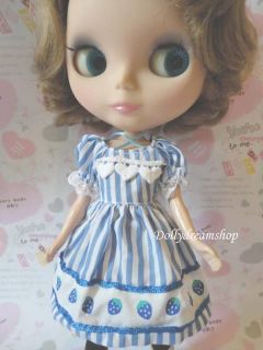 Blythe/Pullip Lovely Strawberry Blue stripes dress 1pcs