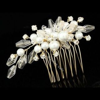 Gold Bridal Rhinestone Crystal Pearl Flower Bouquet Wedding Tiara Hair 
