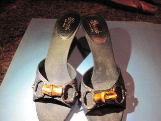 GUCCI SLIDES   BAMBOO DETAIL   STACKED HEEL   SIZE 8   BLACK