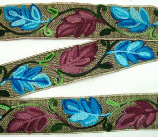   Indian Chain Stitch Embroidered Trim Lace 2 Wd Border Blue Maroon 1Yd