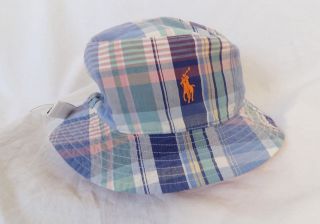 NWT Polo Ralph Lauren Bucket Hat Reversible Orange Madras Plaid mens L 