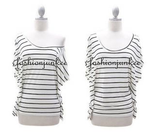 BLACK WHITE 62112 STRIPED WING Top Off the Shoulder Shirt Short Sleeve 