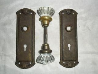   Antique ART DECO Glass & Brass Door Knobs with ORNATE Backplates c1910