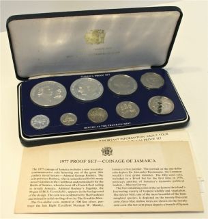 1977 Jamaica Proof Set   Nine Sealed Coins with Case   Two Silver 