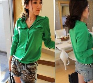 Sexy Womens Candy Color Chiffon Button Down Shirts Blouses Shoulder 