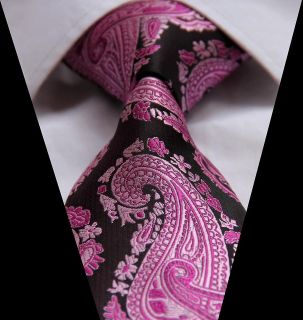 G905 Pink Black Floral Jacquard Woven Classic 100%Silk Man Tie 