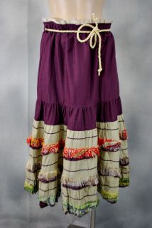 NEW NWT PICASSO Boho Peasant Raw Edge Tiered Skirt Rope Belt PLUM 